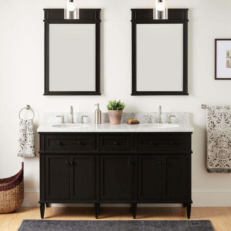 Elmdale 60" Freestanding Mahogany Double Basin Vanity  Oval Undermount Sink - 8" Faucet Holes, Feathered White Quartz