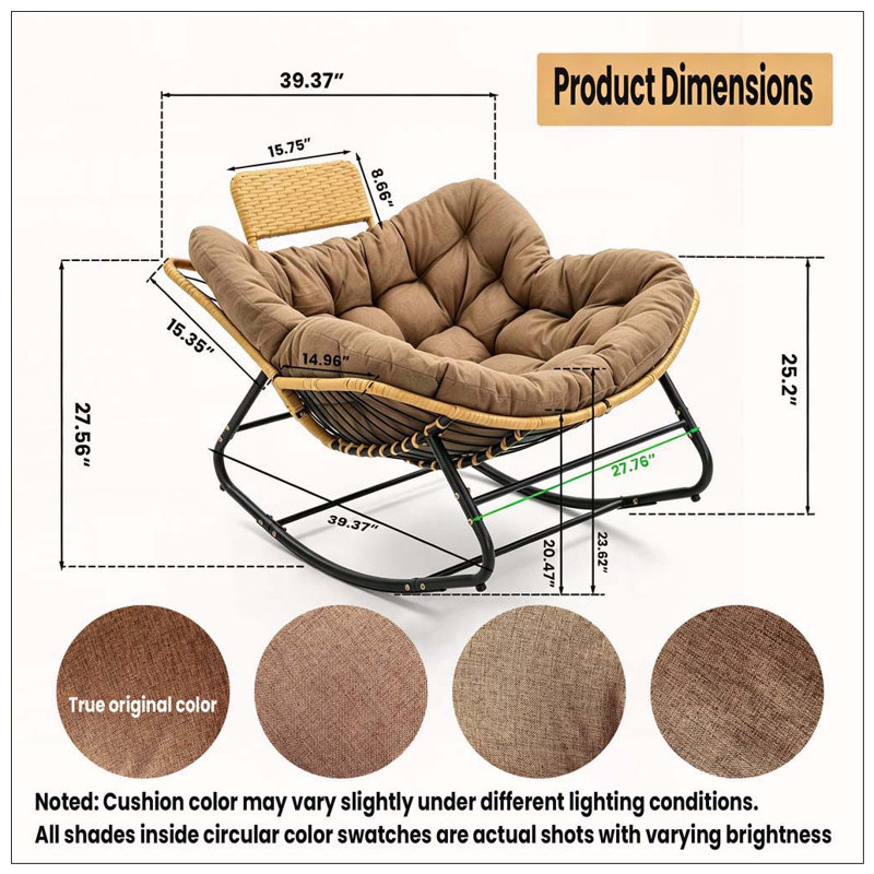 Chaise berçante surdimensionnée Papasan avec coussin épais et coussin en rotin, Brun