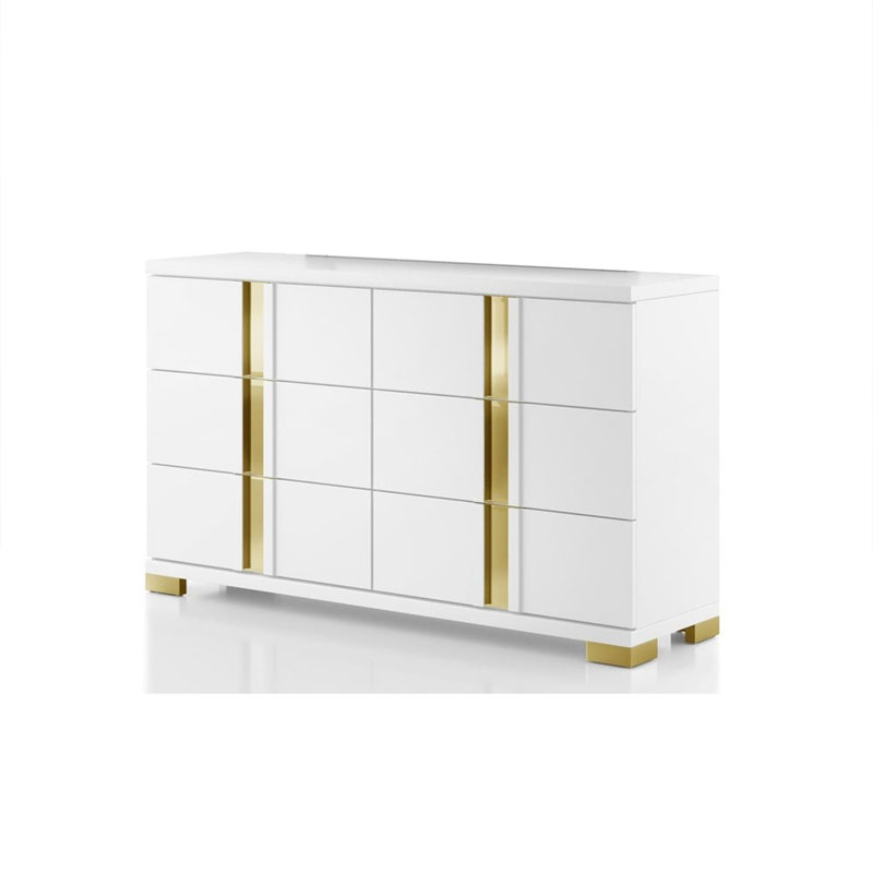 Grande commode Yoki, 6 tiroirs, blanc glamour moderne et or, Blanc / Doré