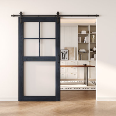 Homacer Navy 36in x 80in 5-Lite Frosted Glass Unassembled & Finished Barn Door with Non-Bypass Installation Hardware Kit, 6.6ft track, interior use only