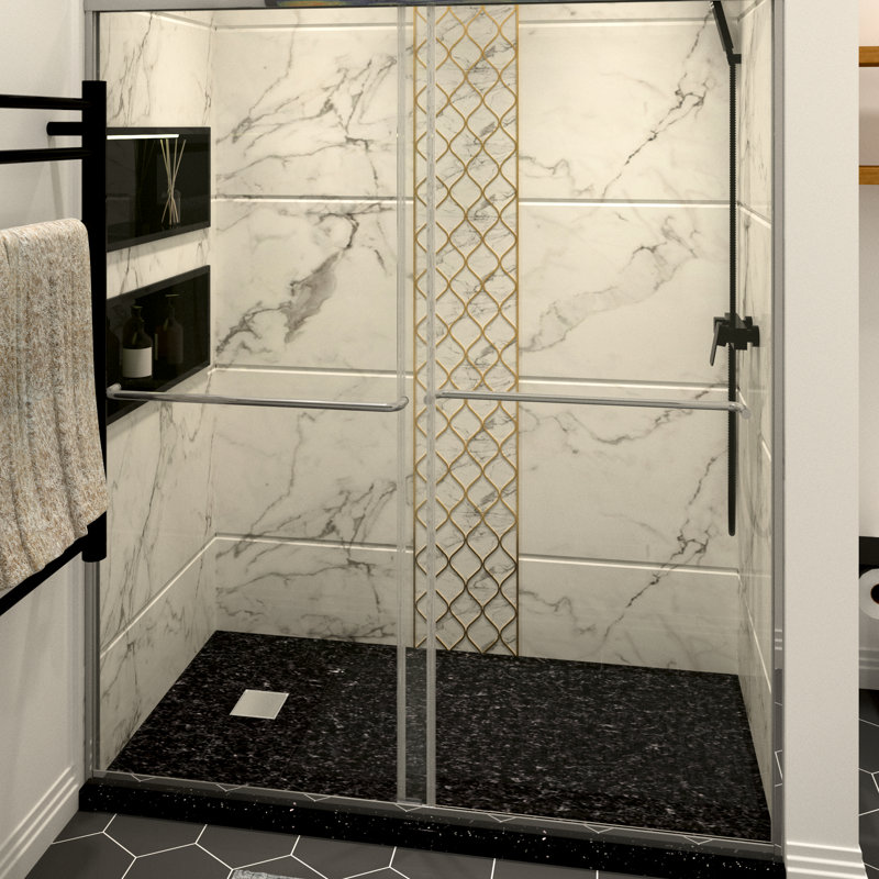 Portes de douche: double coulissement avec collision, poignée en acier inoxydable 304, verre trempé Nano Clean, film anti-explosion, glissement en douceur, concept de stratégie de fuite fantastique