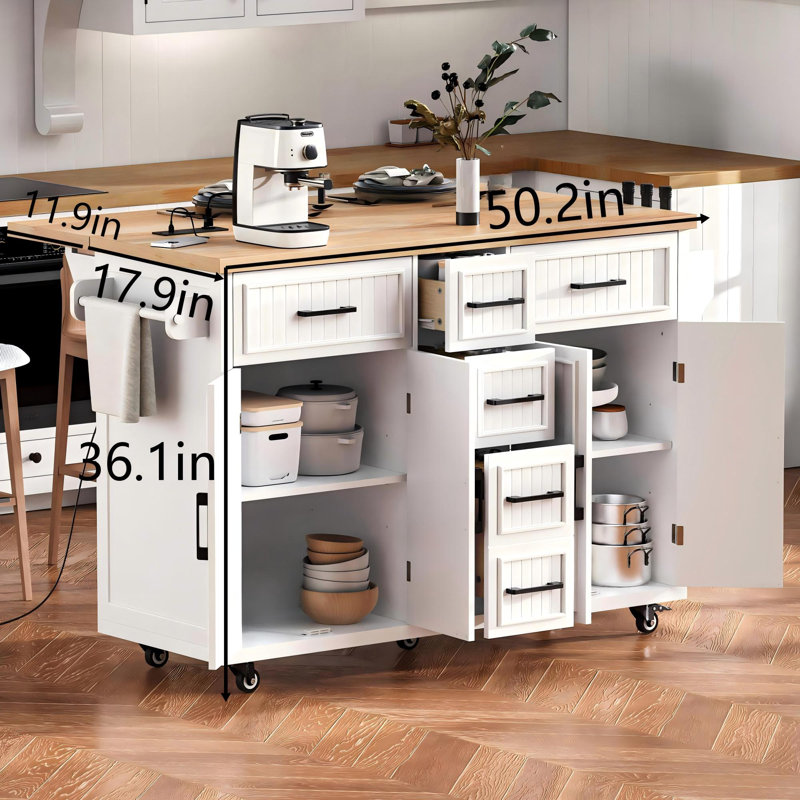 56.5" Kitchen Island With Drop Leaf & Power Outlet, Embossed Vertical Stripe Rolling Cart With 4 Doors, 5 Deep Drawers & Adjustable Shelves, White