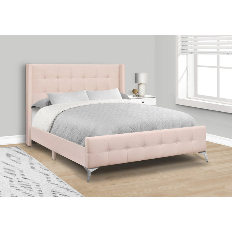 Lit, grand lit, tapissier, velours rose, pieds en métal chromé