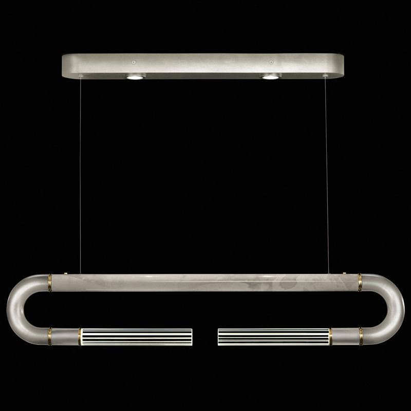 Luminaire suspendu linéaire avec peau Antonia, Feuille d'argent / laiton / fumée