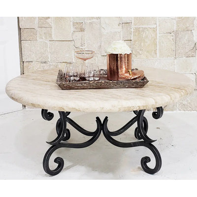 Modern Contemporary Round Stone Coffee Table With Hand Forged Wrought Iron