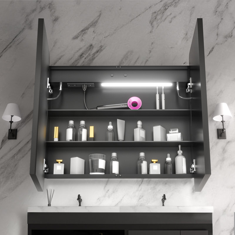 Rectangular Iron Medicine Cabinet With Mirror And Light, Dimmable, Anti-Fog, Fully Assembled, 36", Dual Swing, Matte Black