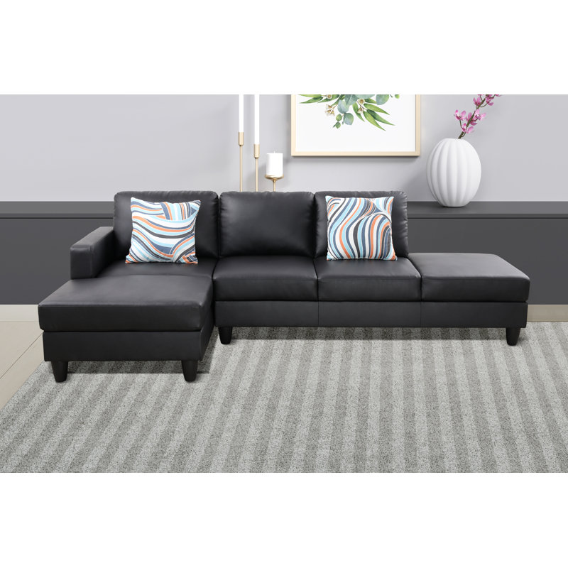Tamez Faux Leather L-Shaped Sectional, Black Faux Leather, Left Hand Facing