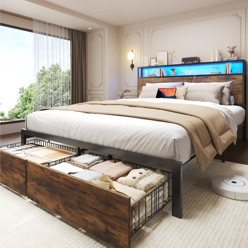 Queen Bed Frame with Storage Drawers , Metal Bed Frame with 2-Tier Storage Headboard & Built-in Charging Station & LED, Noise-Free, No Box Spring Needed, Easy Assembly, Retro Brown