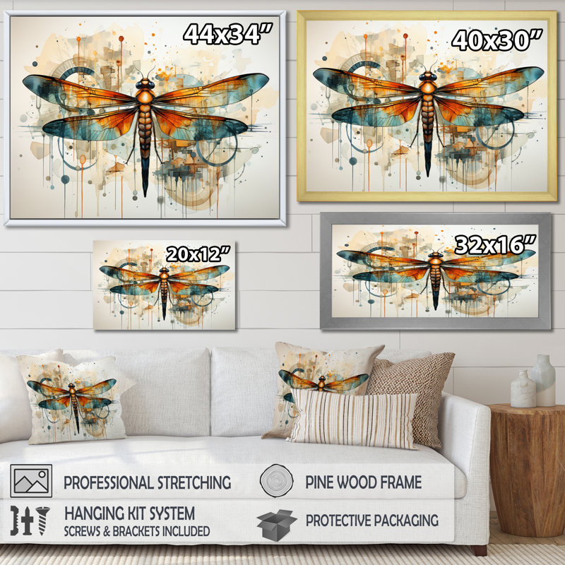 «Orange Dragonfly Insectes Flight Geometric II», reproduction sur toile, Toile tendue, H 30 po x l 40 po x P 1,5 po