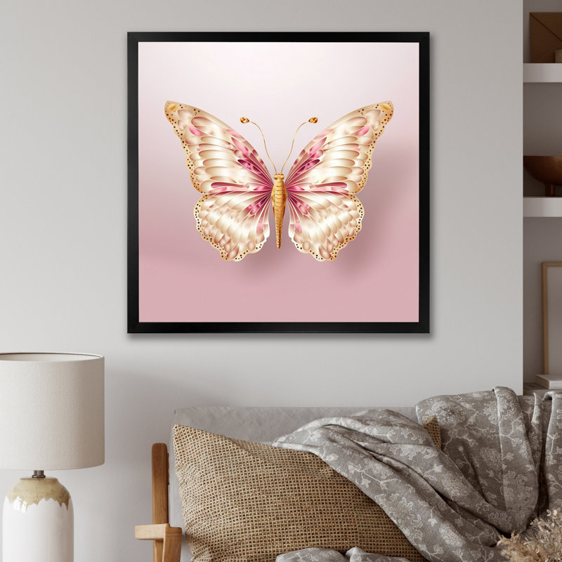 «Pink and Gold Butterfly I», reproduction d'art sur toile, H 16 po x l 16 po x P 1 po, Cadre simple noir