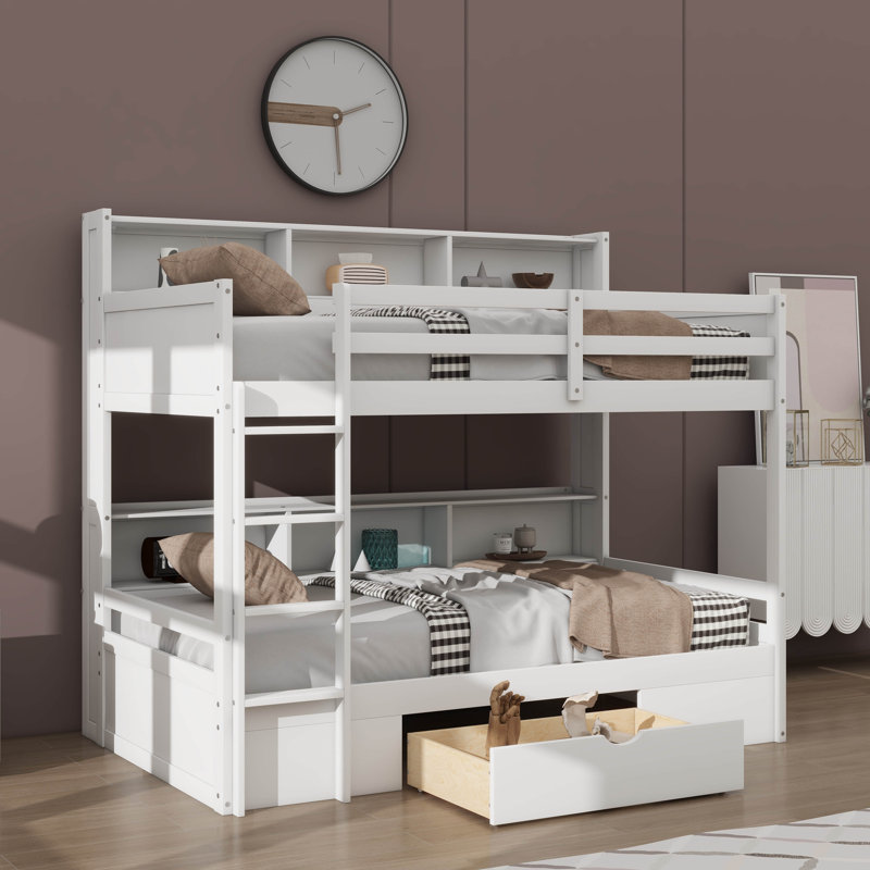 Lit superposé simple avec tablettes intégrées aux lits supérieurs et inférieurs, ainsi qu'un tiroir de rangement, Blanc