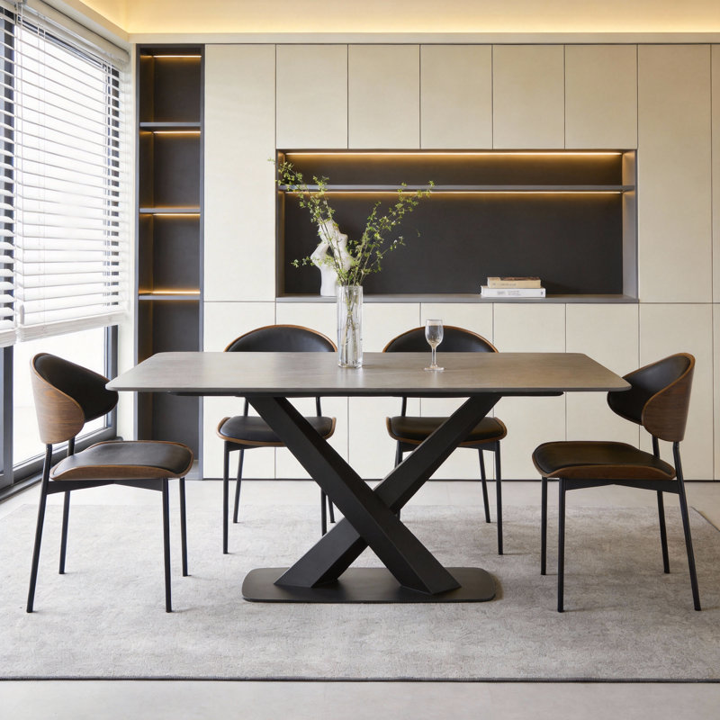 Grey Sintered Stone Dining Table with Black Carbon Steel Cross Legs, Modern Minimalist Design, 78cm H x 140cm W x 80cm D