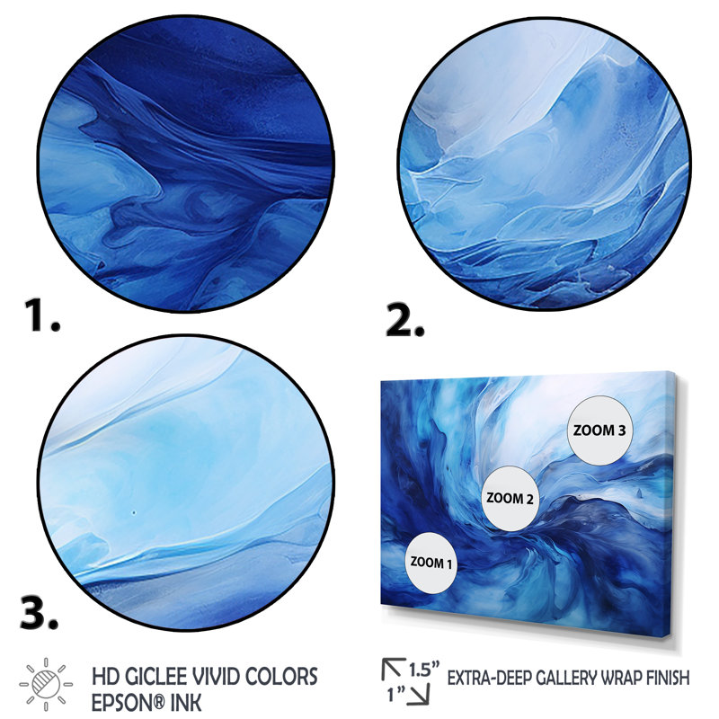 «Blue Emotional Tachisme Waves 2 - Tachisme», art mural, Cadre doré à coins fermés, H 30 po x l 40 po x P 1,5 po