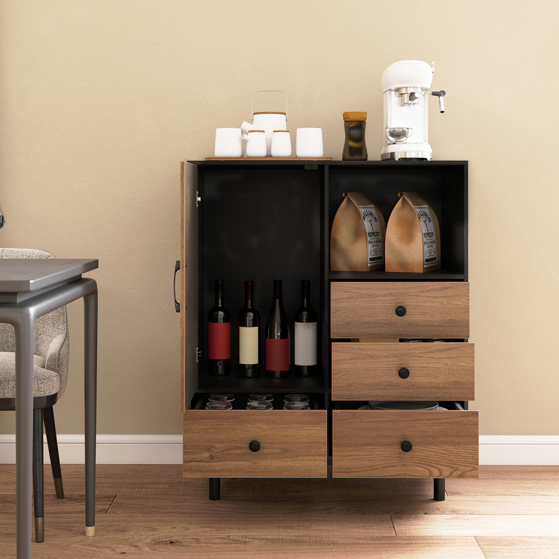 Buffet Sideboard w/ 4 Drawers & Open Compartment Heavy-Duty Metal Legs Black, Black/Natural