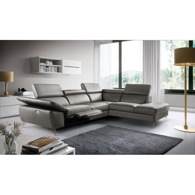 Italian Leather Power Reclining European Sectional with Adjustable Headrests & Armrest Veeha, Right Hand Facing