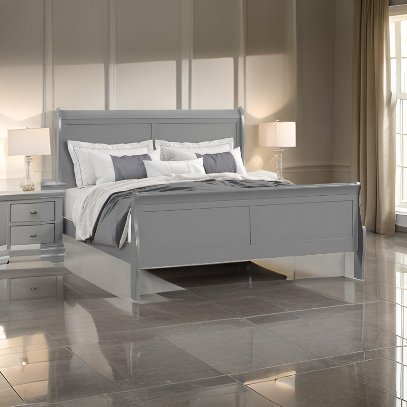 Lit Ryla, tête de lit-bateau, bois massif classique, Gris, Grand