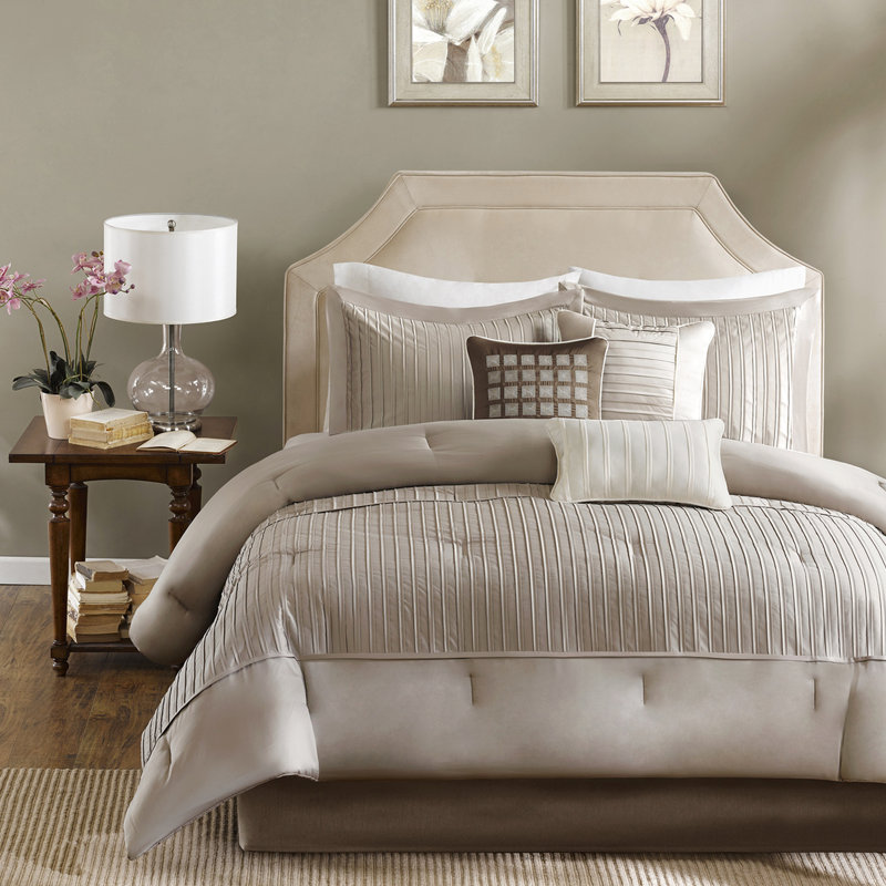Très grand édredon en taupe charmeuse, 7 pièces, facile à repasser, coussin décoratif