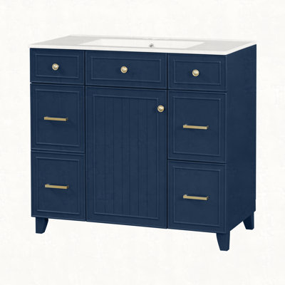 Jeltyprey 36" Bathroom Vanity with Ceramic Sink, Solid Wood Frame, Soft Close Doors, Adjustable Shelves, 3 Drawers, Including Double-Depth Drawer for Hairdryer