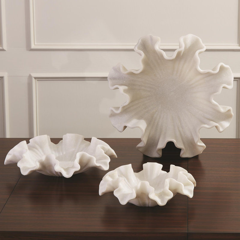 Marble Ruffle Bowl-White, 4" H x 12" W x 12" D