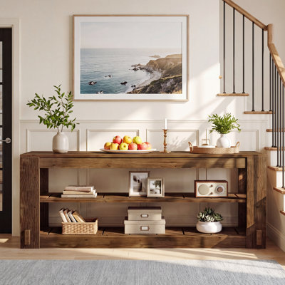 Console en bois massif de 160 cm avec étagères de rangement, table d'entrée étroite à 3 niveaux, table basse de style champêtre pour entrée, couloir, salon