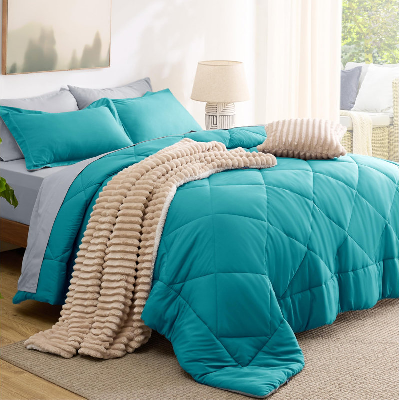 Best Seller Bedsure Comforter Set Reversible Bedding for All Seasons-89GSM, Queen Comforter + 4 Additional Pieces, Teal