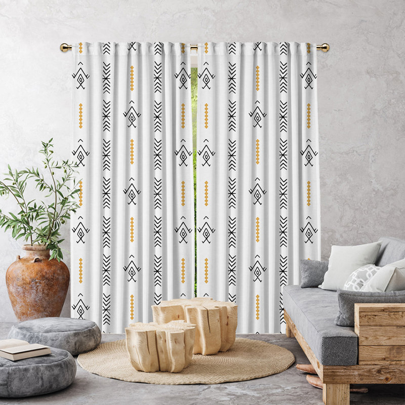 Ethnic Decor Pattern Lined Single Panel Curtain, White, 52" W x 45" L