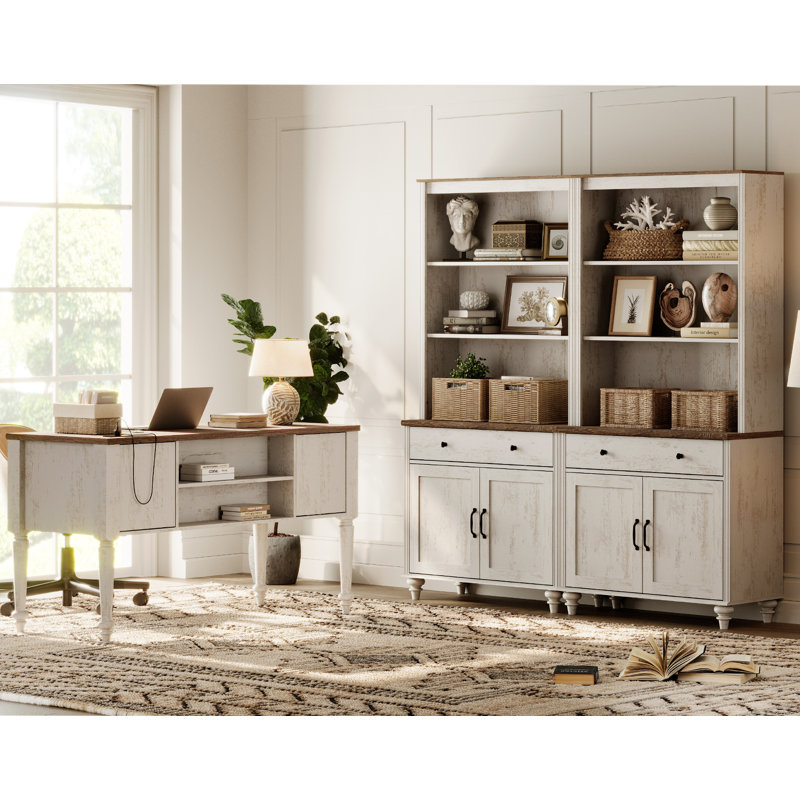 2 - Piece Office Set, 56" Executive Desk & Set Of 2 Bookcases, Rustic White