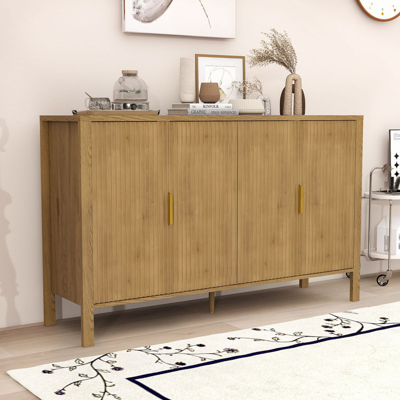 Buffet 4 portes avec tablettes réglables, supports de rangement à l'arrière et crochets latéraux, Naturel