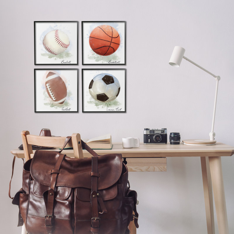 Ensemble de giclées encadrées de balles de sport pastel, 4 pièces, par Matthew Piotrowicz, H 12 po x l 12 po