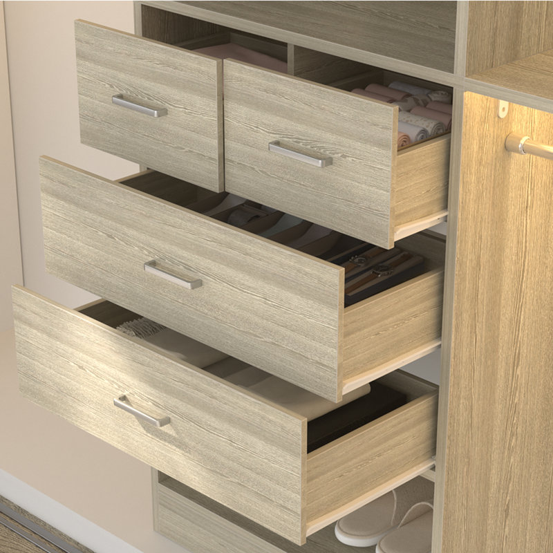 25'' - 96'' W Closet System with Wooden Drawers and Hanging Rods(Cut to Fit), White Oak