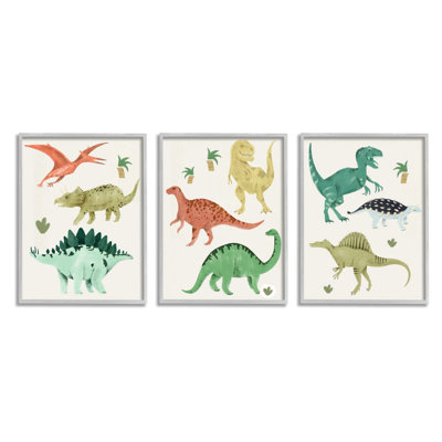 Simple Dinosaur Illustration With Colorful Reptiles by Daphne Polselli - 3 Piece Graphic Art Set on Canvas