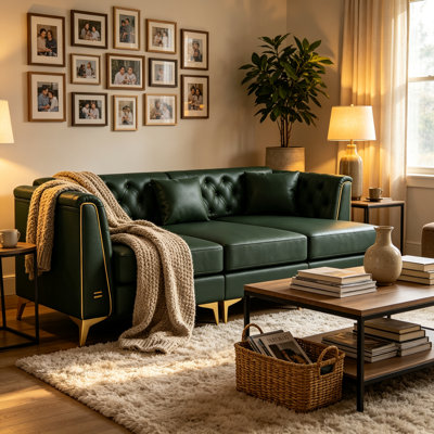 Canapé Chesterfield modulable trois places en similicuir avec deux poufs, vert