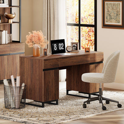Bureau de direction moderne 59 po avec tiroirs Aadam, bureau d'ordinateur avec station de charge, tiroir-classeur, bureau de rangement en bois pour le travail et les études,