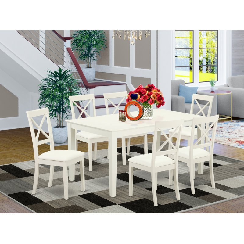 7 Piece Dining Set Consist of a Rectangle Dinner Table and 6 Kitchen Dining Chairs, 36x60 Inch, Linen White, Linen White