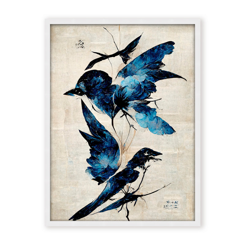 Nature Inspired Blue Birds, 30" H x 24" W x 1.125" D, Framed Matted Print, White