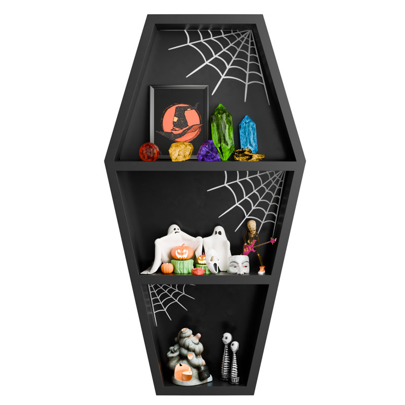 Halloween Goth Coffin Shelf 24 inches with Spider Web, Wooden Coffin Bookshelf Gothic Decor for Home, Crystal Shelf for Display, Black Spooky Curio Shelf for Home Decor, Witchy Room Decor for Oddities