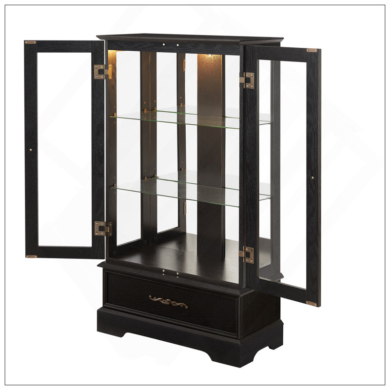 Vitrine lumineuse en verre avec tablettes réglables - Vitrine élégante à 2 portes et tiroir intégré, ampoule incluse - NOIR