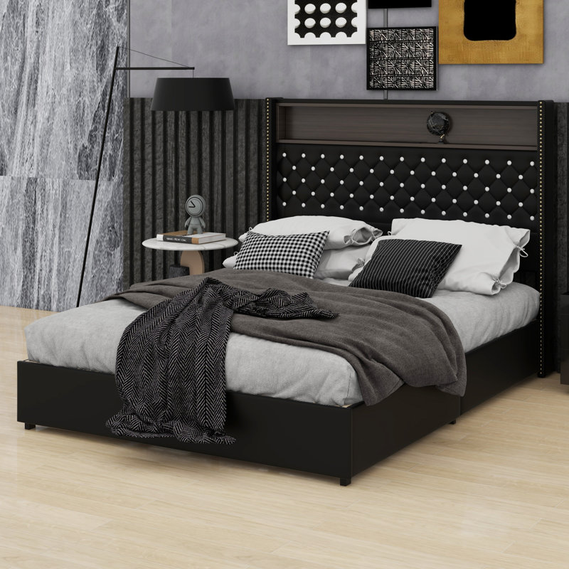 Lit plateforme avec tête de lit haute capitonnée, décoration de rivet, veilleuse, charge USB et tablette de tête de lit, Noir