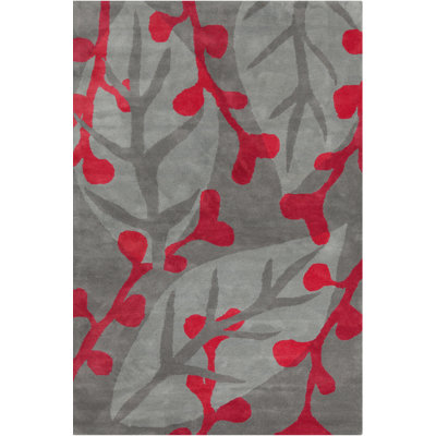 Stella Authentic Hand-Tufted Handmade Gray & Red Modern Botanical Wool Area Rug