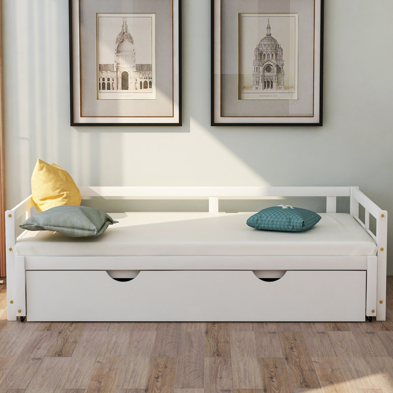 Lit de jour extensible en bois avec couchette, finition blanche, Blanc