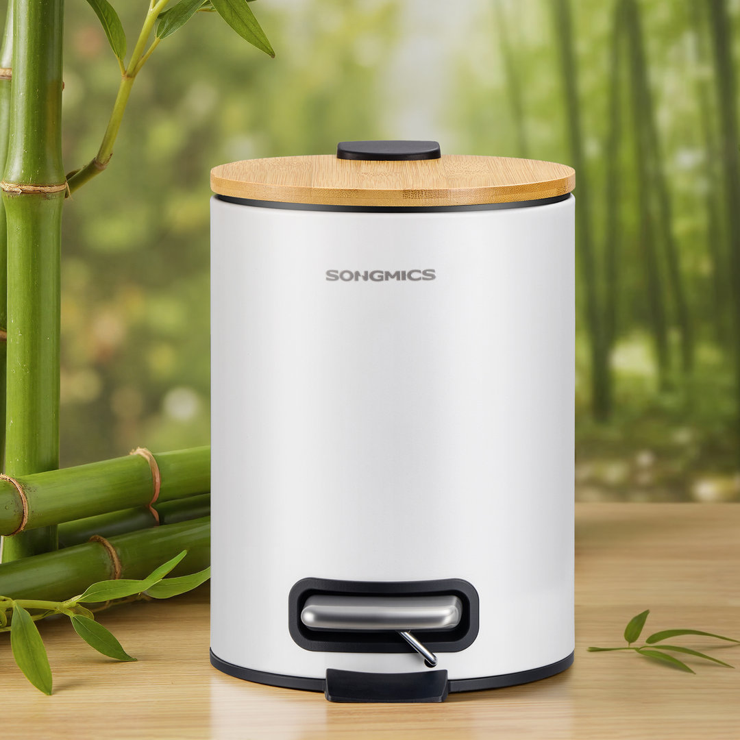 Small Waste Bin, Rubbish Bin With Bamboo Lid, Metal Pedal, Removable Inner Bucket