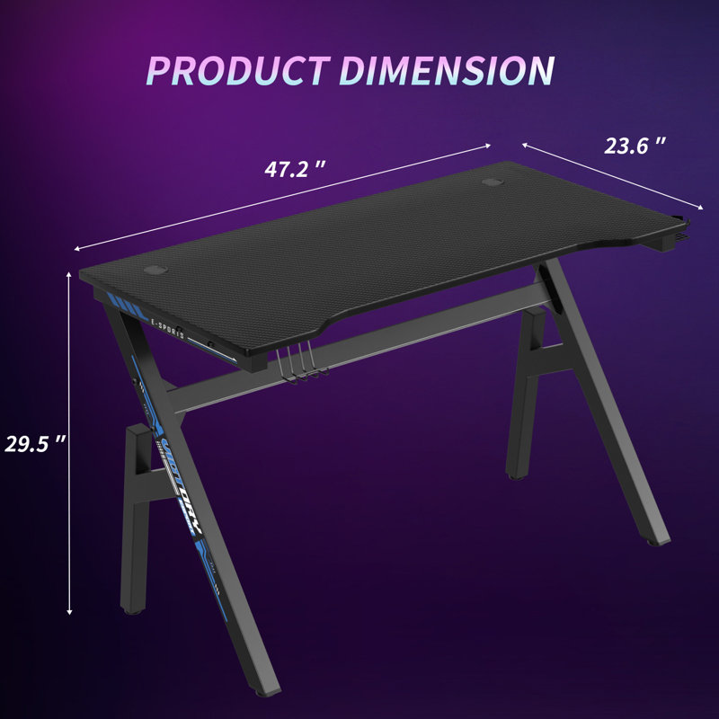 Gaming Desk 47 Inch Ergonomic Computer Desk Carbon Fiber Computer Desk PC Gaming Table Large Workstation with Cup Holder Headphone Hook