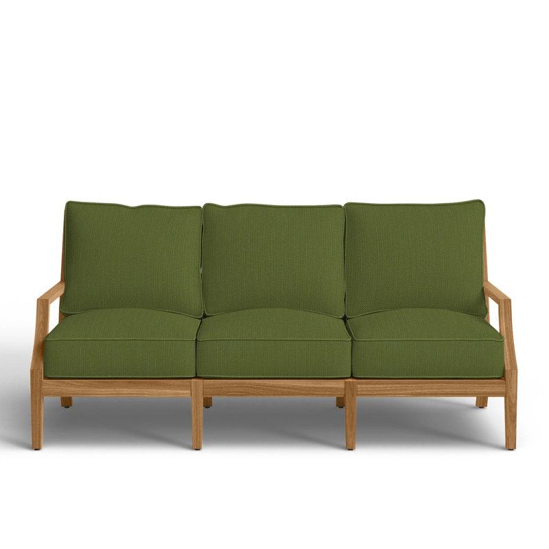 Haley Teak Patio Sofa with Cushions, Linen Forest, Welt + Standard fill, Natural Teak