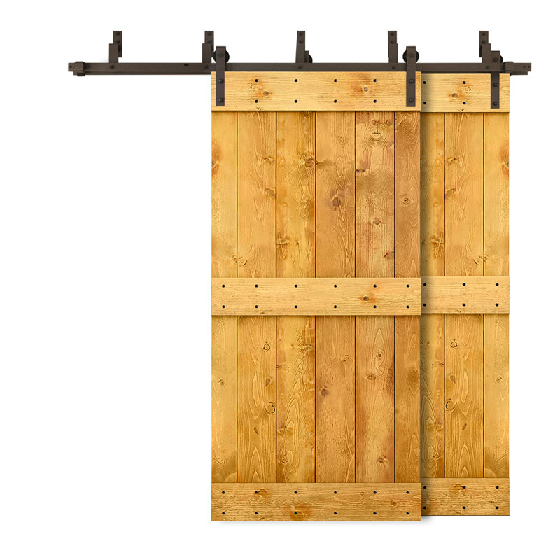 Porte de grange double à panneaux en bois teinté à panneau Mid-Bar, Érable colonial, 64 po x 84 po