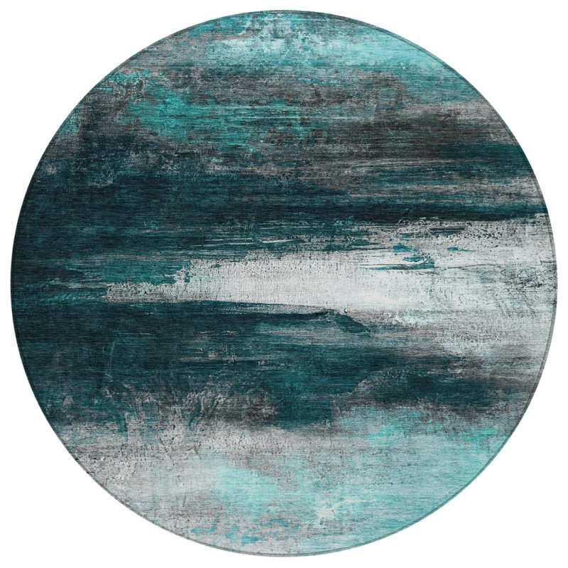 Tapis bleu sarcelle lavable à la machine intérieur / extérieur Xhevrie, Rond 8 pi