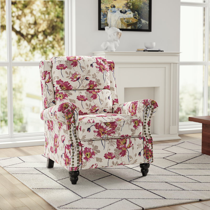   Ameiah Upholstered Farmhouse Manual Push Back Recliner with Solid Wood Legs, Pattern White