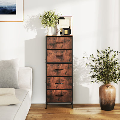 Commode à 5 tiroirs en tissu, commode de rangement verticale avec plateau en bois, grand rangement