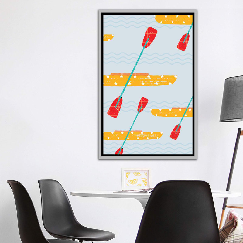 On the Water Kayaks - impression d'art graphique, H 60 po x l 40po x P 1,5 po, Toile avec cadre argenté, Pas de tapis