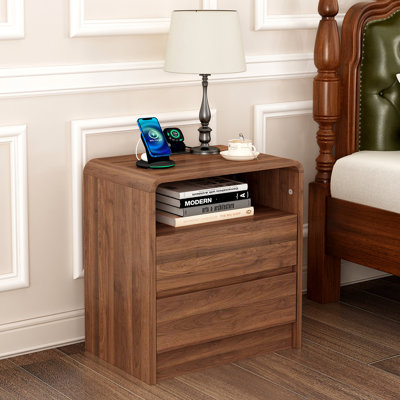 25" Modern Walnut Nightstand with Charging Station, 23.6" Wide Mid-Century Bedside Table with 2 Drawers