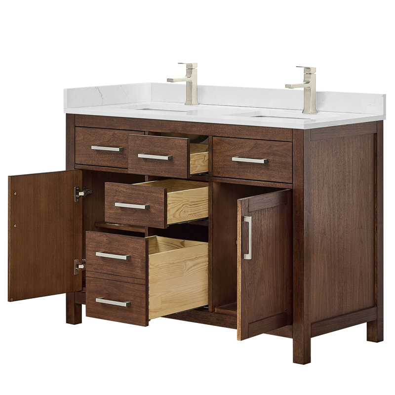 Meuble-lavabo double autoportant 48 po avec plateau en quartz Beckett, Noyer foncé, Nickel brossé, Quartz Giotto